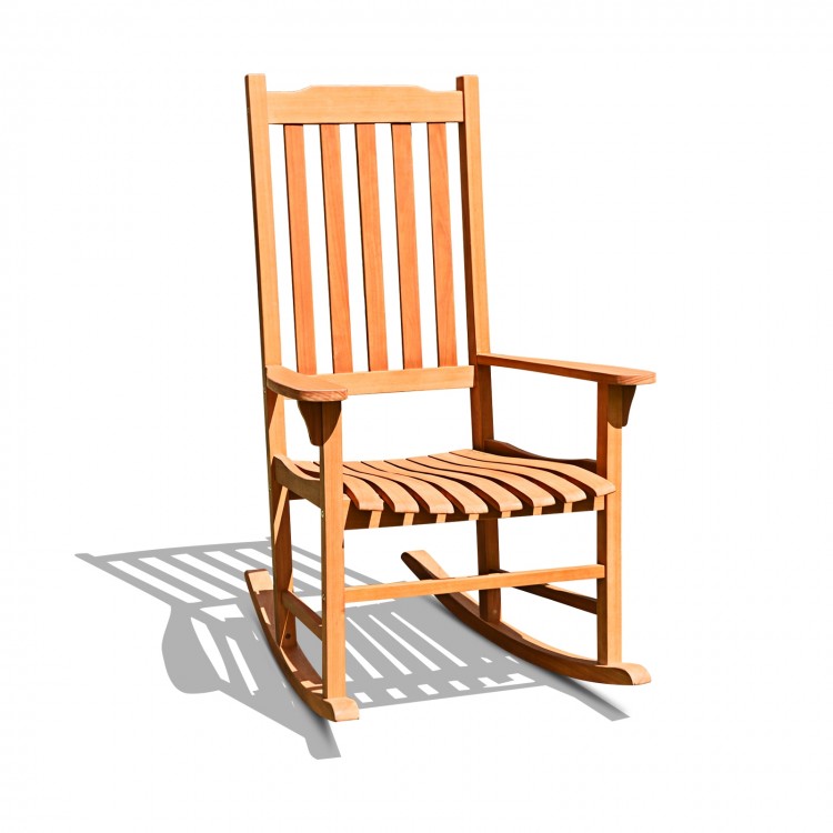 Outdoor rocking chair made of premium eucalyptus wood with a contoured slatted seat, perfect for patio relaxation.
