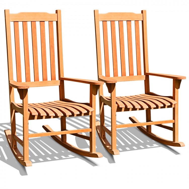 Two outdoor rocking chairs made of premium eucalyptus wood, featuring contoured seats and widened armrests for patio.
