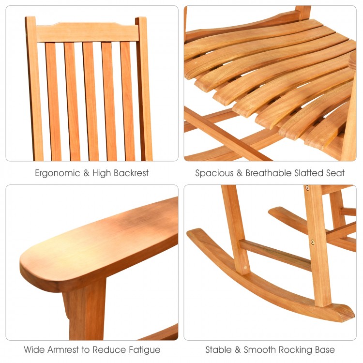 Close-up of the outdoor rocking chair's contoured slatted seat and wide armrest, made of premium eucalyptus wood.
