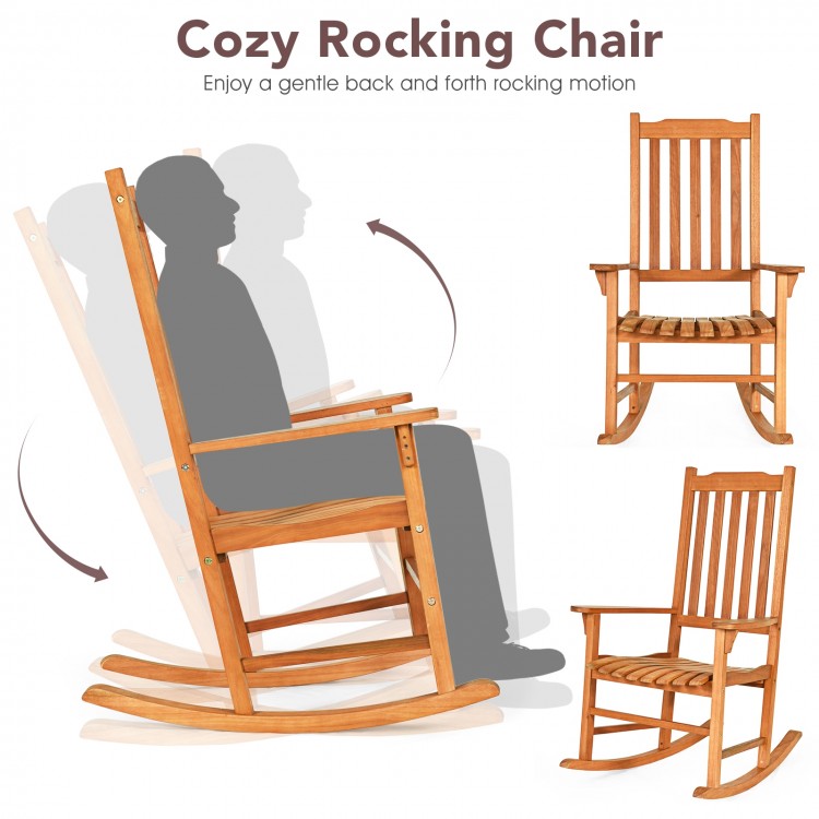 Single outdoor rocking chair made of premium eucalyptus wood, featuring a contoured slatted seat for patio relaxation.