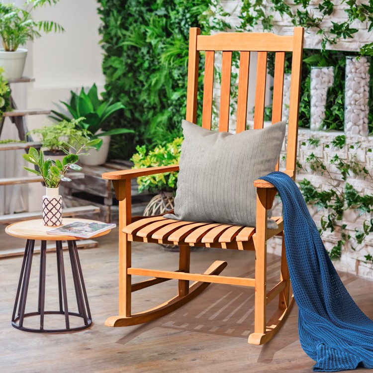 Outdoor rocking chair featuring a high back and widened armrests, crafted from premium eucalyptus wood for patio.