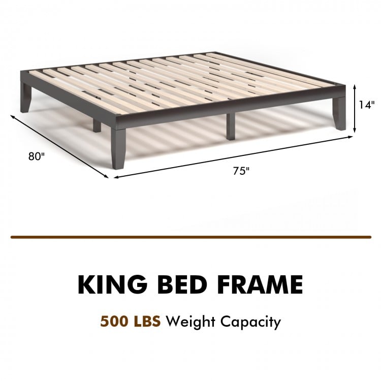King size wooden platform bed frame in brown, 14 inches high, supports 500 lbs, ideal for bedrooms and apartments.