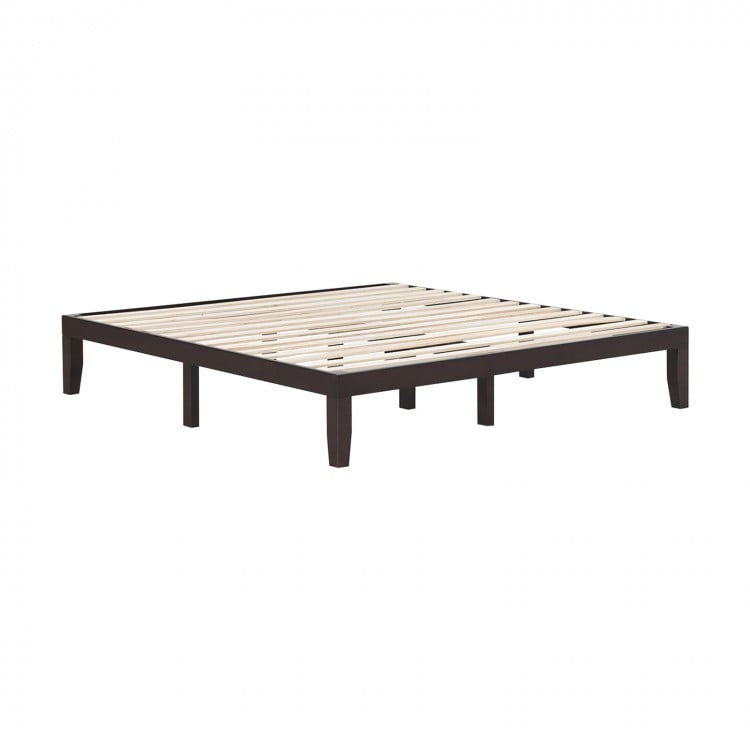 King size wood platform bed frame in brown with sturdy slats, ideal for bedrooms, apartments, and hotels.