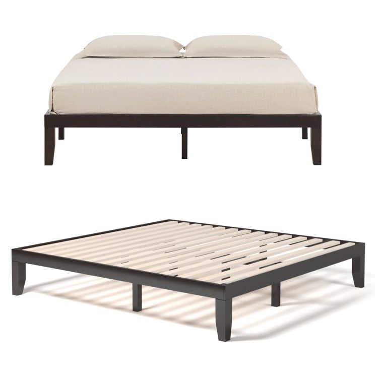 King size wood platform bed frame in brown, featuring a sturdy solid wood structure and ample under-bed storage space.