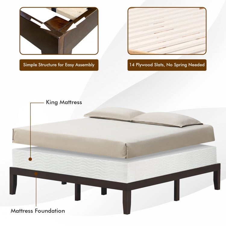 14-inch king size wood platform bed frame in brown, featuring sturdy solid wood construction and ample under-bed.
