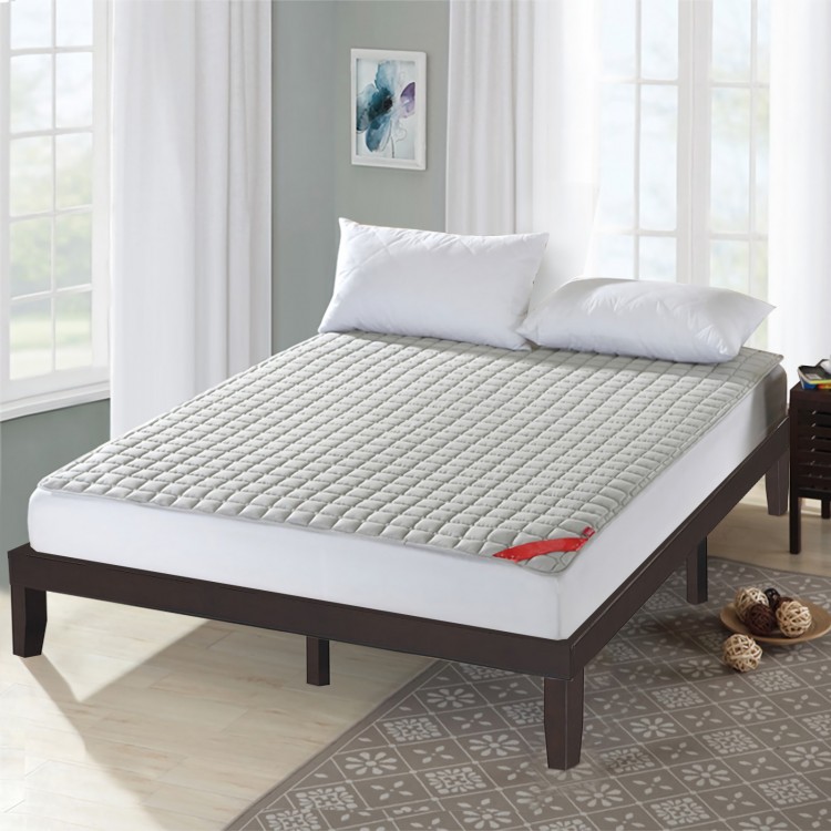 King size wooden platform bed frame in brown, featuring a modern design and ample under-bed storage space.