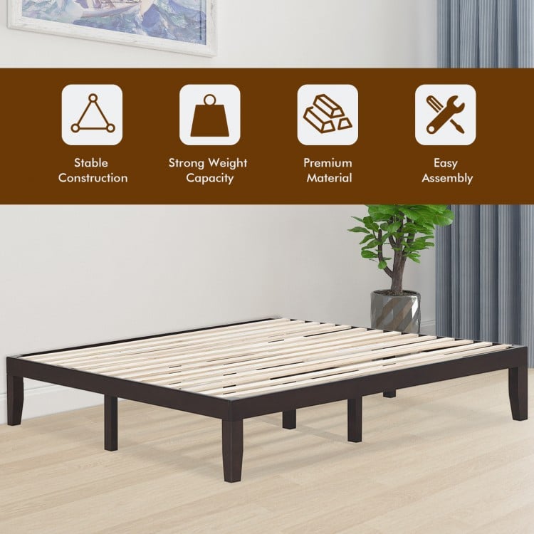 14-inch king size wood platform bed frame in brown, featuring sturdy construction and ample under-bed storage space.