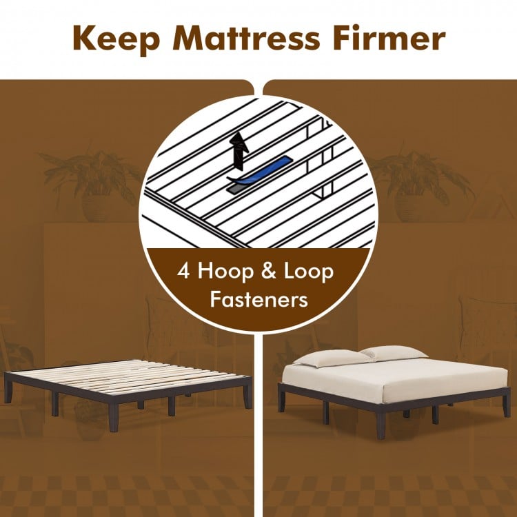 Wood platform bed frame with hoop and loop fasteners for a firmer mattress, ideal for bedrooms and apartments.