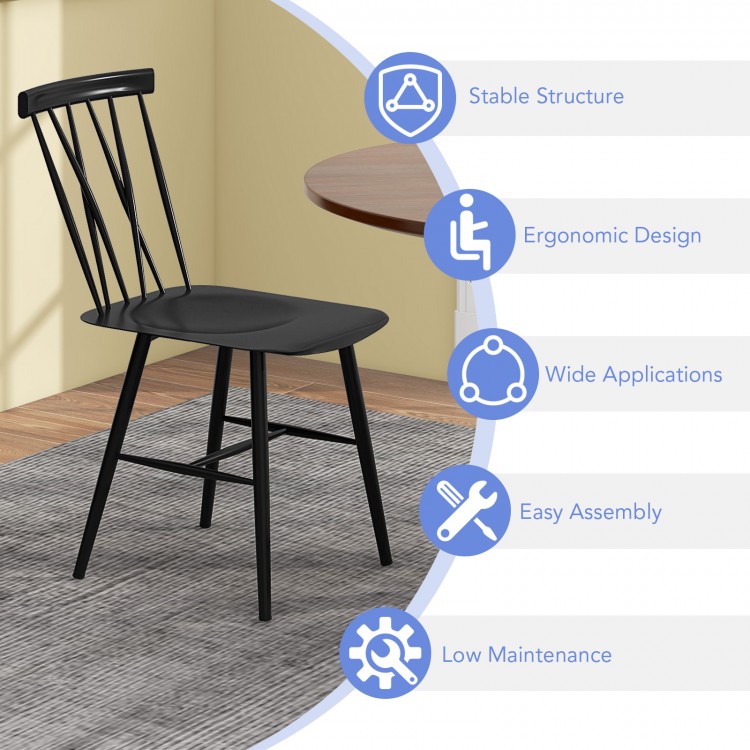 Modern dining chair showcasing a curved seat design for better weight distribution, made of durable steel for stability.