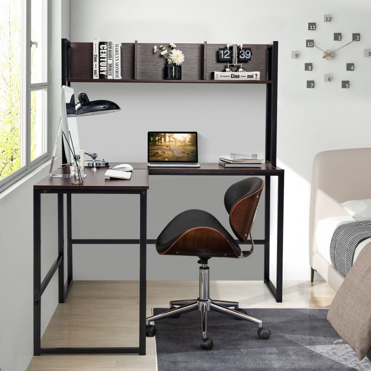 L-shaped dark brown corner desk with open storage hutch, ideal for multitasking in home office or study.