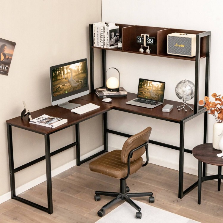 Reversible L-shaped corner desk with dark brown finish and sturdy iron frame, designed for versatile workspace.
