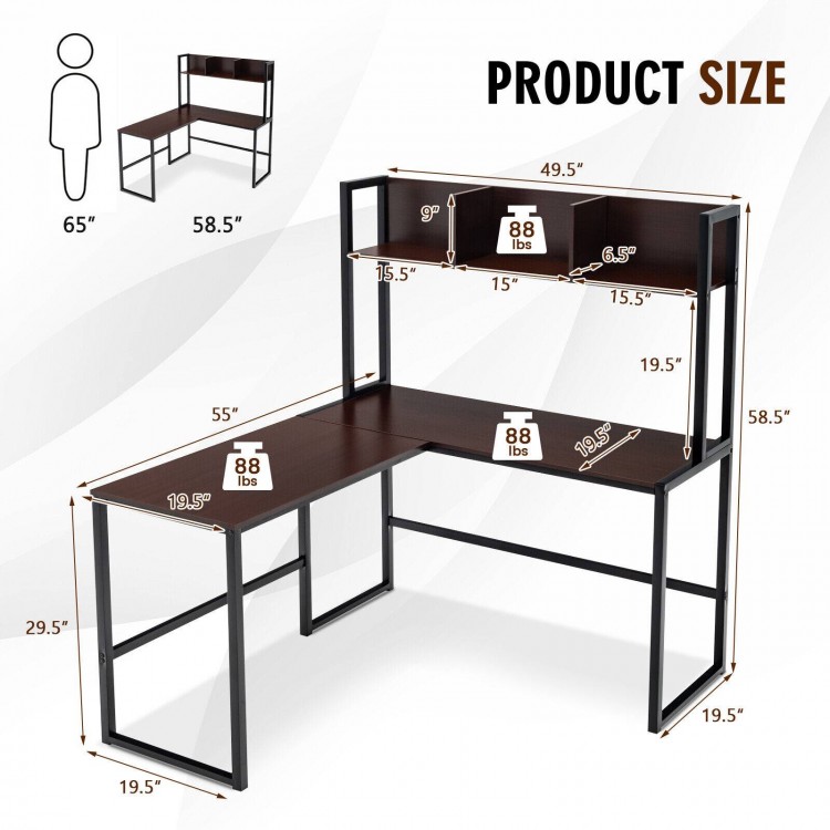 L-shaped corner desk with open storage hutch in dark brown, featuring dimensions and sturdy iron frame for home office.