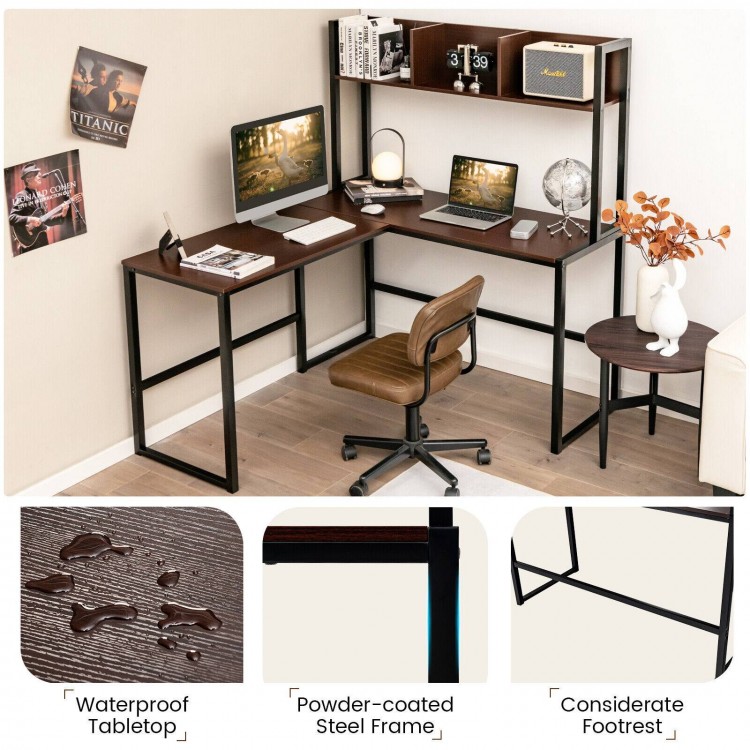 L-shaped corner desk in dark brown with open storage hutch, waterproof tabletop, and powder-coated steel frame for home.