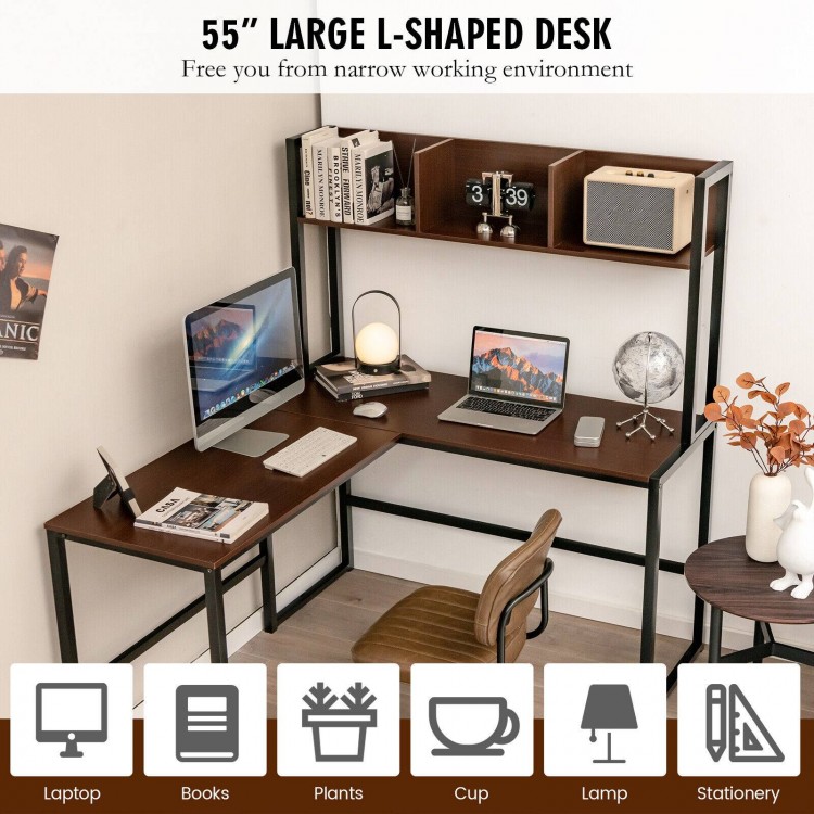 Reversible L-shaped corner desk featuring a spacious dark brown tabletop and humanized footrest bars for comfort and.