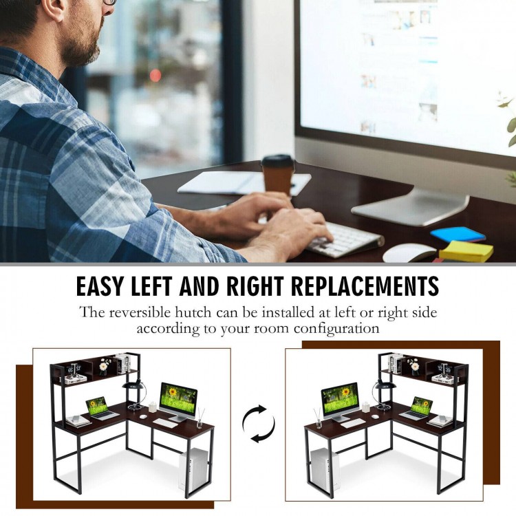 L-shaped corner desk with dark brown finish and open storage hutch, perfect for multitasking in home office settings.