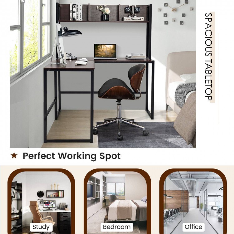 L-shaped corner desk with dark brown finish and open storage hutch, perfect for home office or study use.