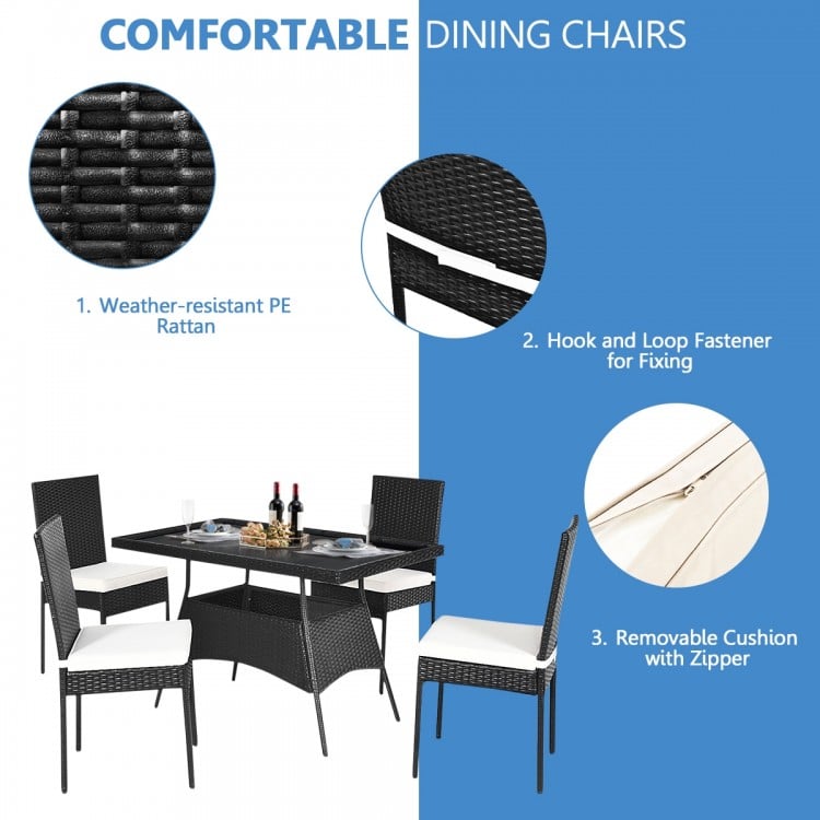 Five-piece outdoor patio rattan dining set with cushioned chairs and tempered glass top, perfect for family gatherings.