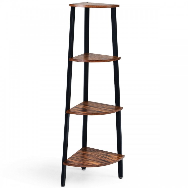 4-tier corner shelf with brown chipboard and black metal frame, ideal for compact spaces and versatile storage.