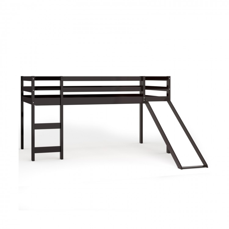 Twin size low loft bed in dark brown with slide and ladder, made of durable wood, ideal for children's safety and play.