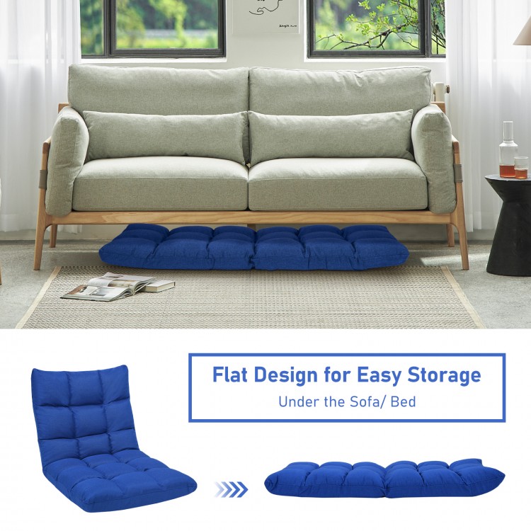Adjustable blue folding gaming sofa chair with 14 positions, featuring breathable fabric and ergonomic design for.