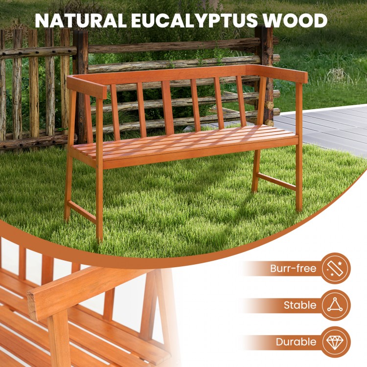 Outdoor eucalyptus wood bench with backrest and armrests, featuring a burr-free surface and durable design for patio.