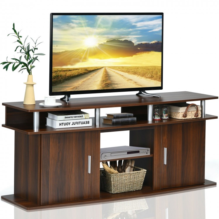 Walnut 63-inch TV entertainment console showcasing a spacious top for decorations, with 2 cabinets and modern design.