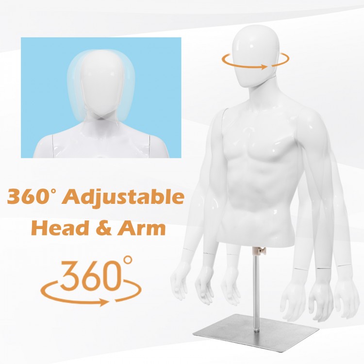 Male half body mannequin with 360° adjustable head and arm, made of durable plastic, perfect for displaying clothing.