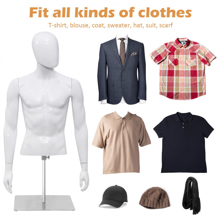 Plastic half body male mannequin with adjustable base, ideal for displaying T-shirts, jackets, and sweaters in retail.