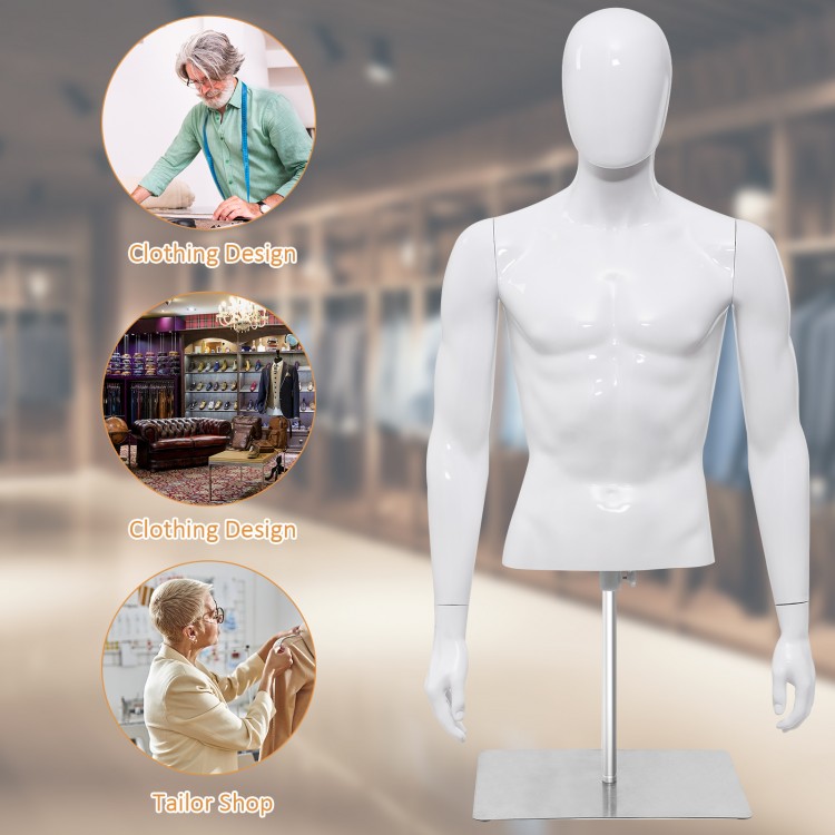 Male half body mannequin with adjustable metal base, ideal for displaying shirts and jackets in retail settings.