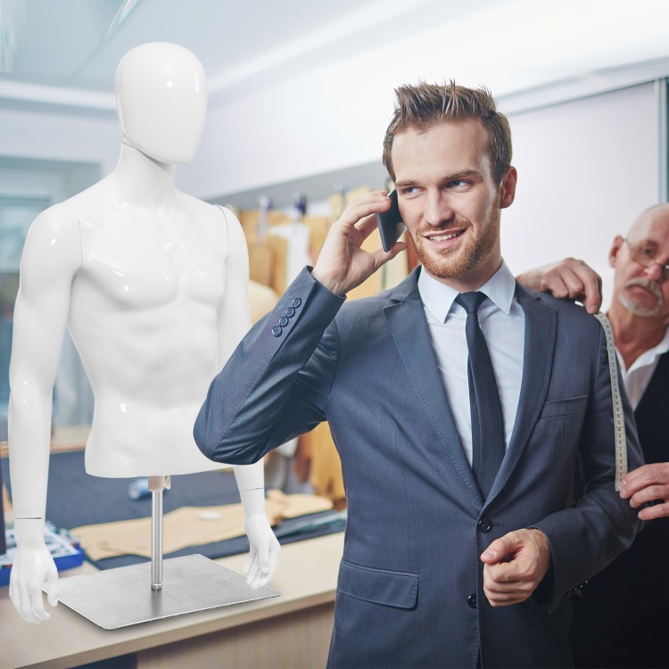 Half body male mannequin with turnable head, perfect for showcasing contemporary fashion styles in retail displays.
