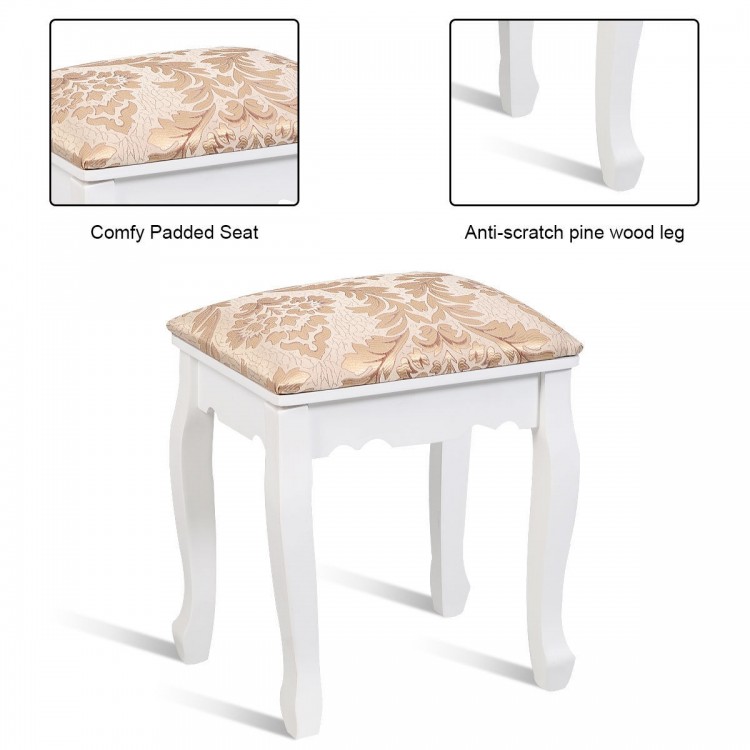 Padded stool with anti-scratch pine wood legs for the vanity makeup dressing table, offering high comfort and elegance.