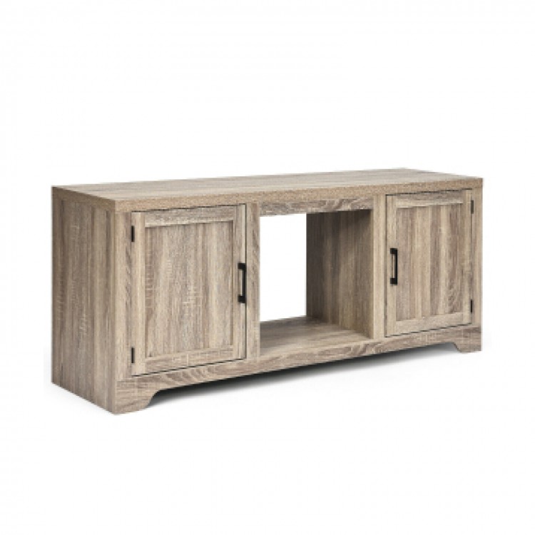 65-inch media component TV stand in natural wood color with adjustable shelves and two doors for ample storage.
