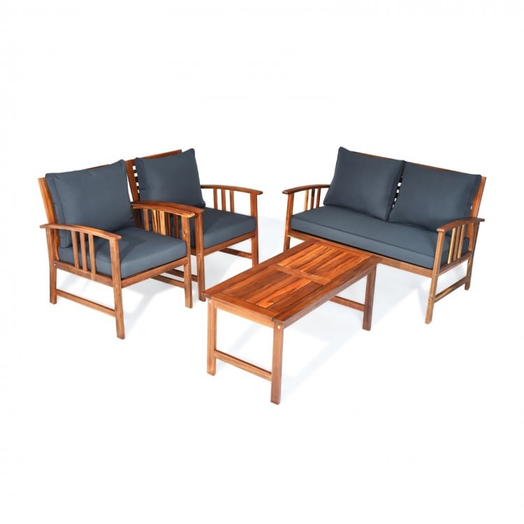 Stylish wooden coffee table from the 4-piece patio furniture set, featuring a durable brushed finish for indoor or.