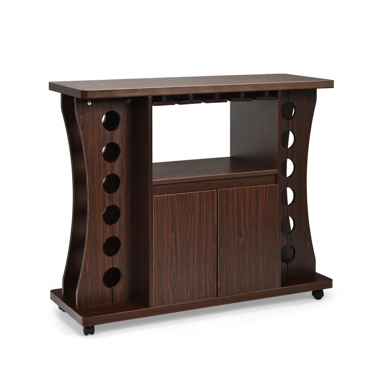 Rolling buffet sideboard in walnut with 12-bottle wine rack, glass holders, and ample storage for kitchen organization.