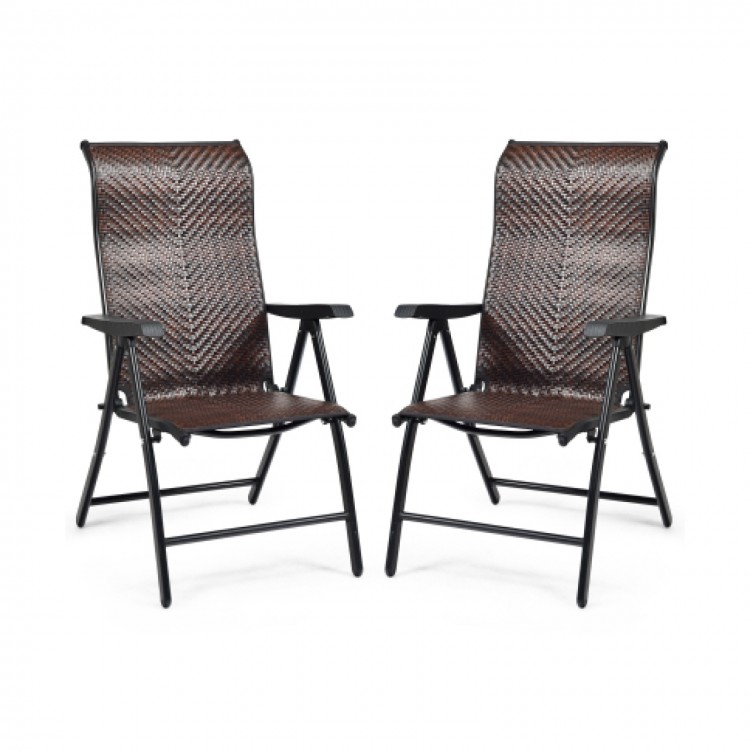 Set of two folding reclining chairs made of durable PE rattan and steel, ideal for outdoor patio and garden use.