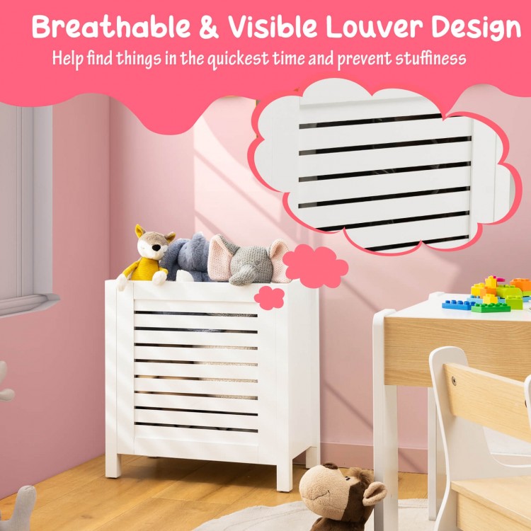 Wooden kids toy storage organizer in white with breathable louver design, ideal for bedrooms or playrooms.