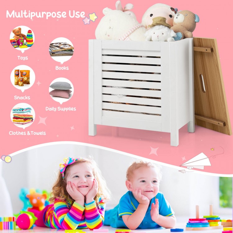 Wooden kids toy storage organizer in white with lid, perfect for storing toys, books, and daily supplies in any room.