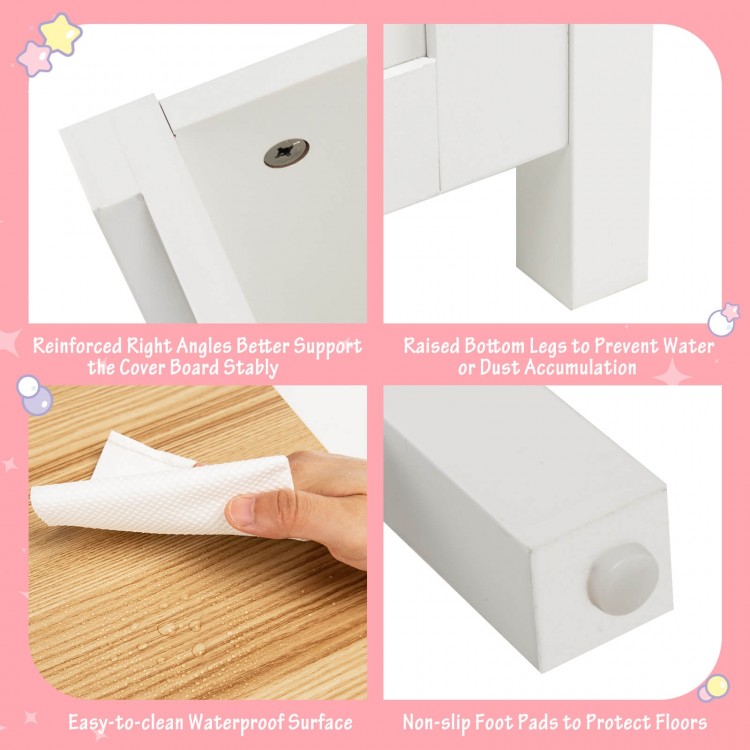 Close-up of the waterproof surface and non-slip foot pads of the white wooden kids toy storage organizer.