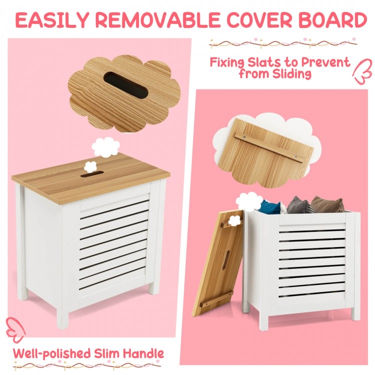 Wooden kids toy storage organizer in white with removable lid, large capacity, and non-toxic MDF for safe use.