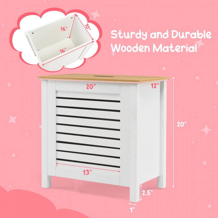 Wooden kids toy storage organizer with lid in white, featuring large capacity and durable MDF material for safe use.