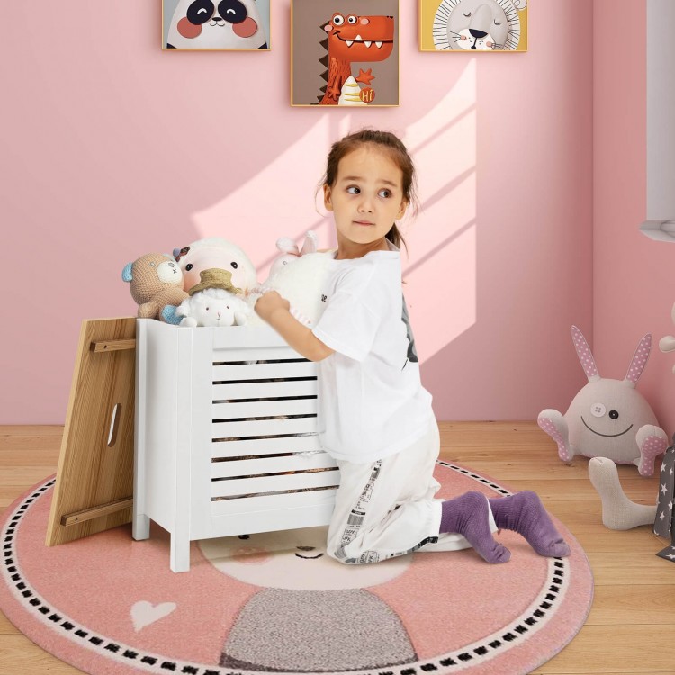 Wooden kids toy storage organizer in white with lid, ideal for dolls and blankets, suitable for bedroom or playroom use.