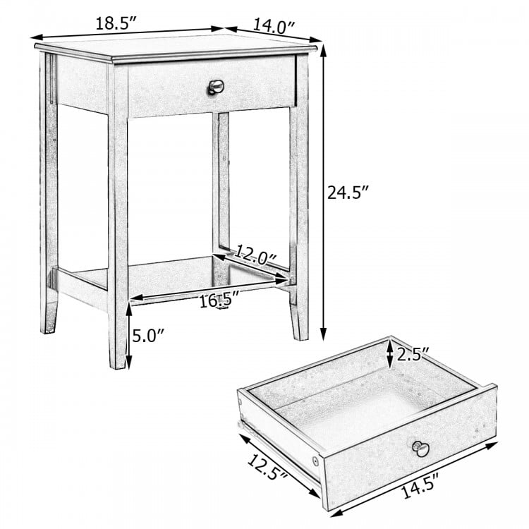 Wooden bedside table with spacious tabletop, pull-out drawer, and open shelf for ample storage in white finish.