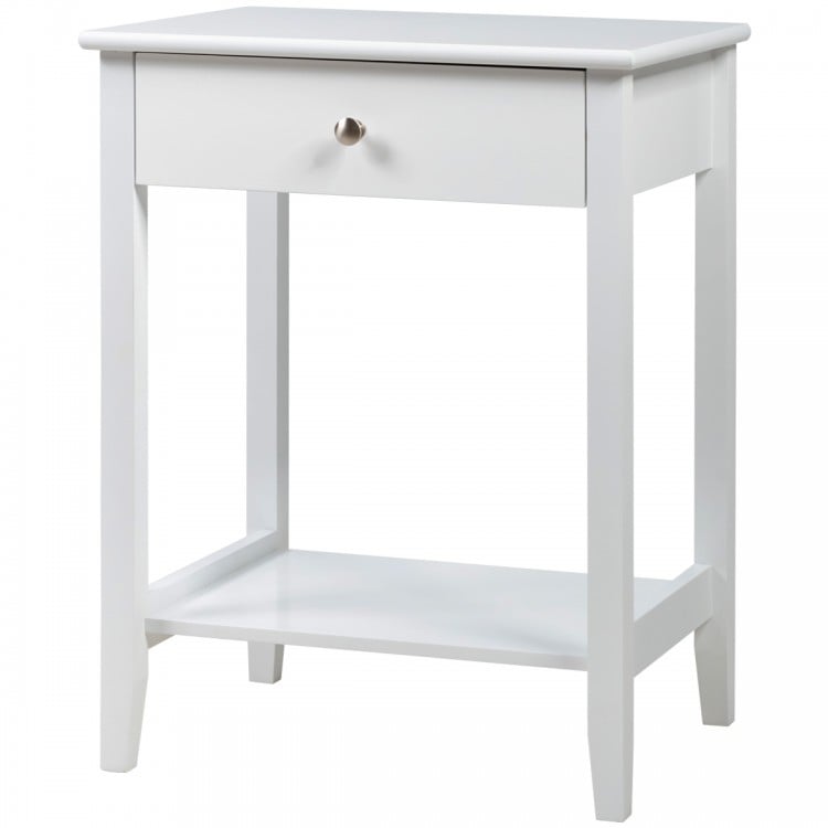 White wooden bedside table featuring a spacious tabletop, pull-out drawer, and open shelf for convenient storage.