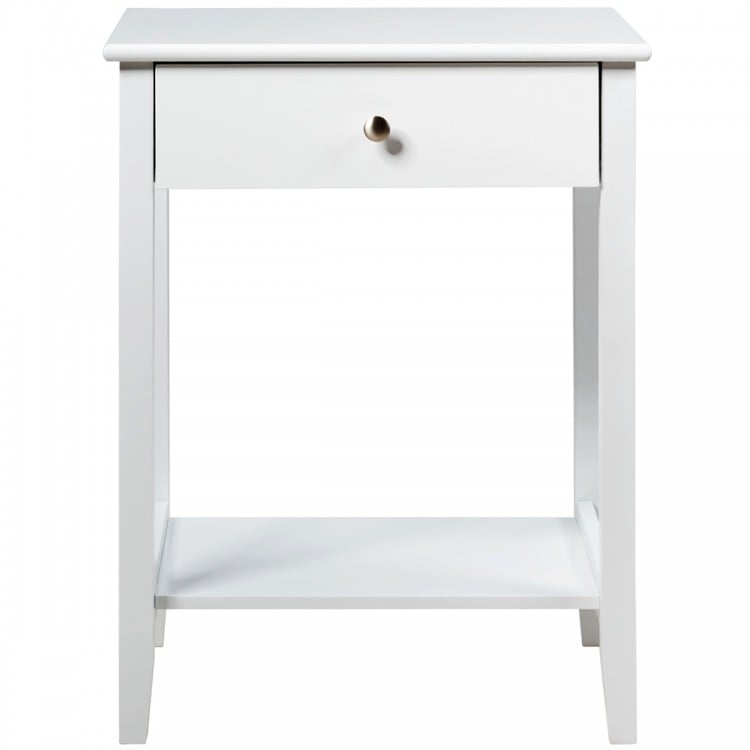 White bedside table showcasing solid pine wood legs and a smooth lacquered surface, perfect for stylish home decor.