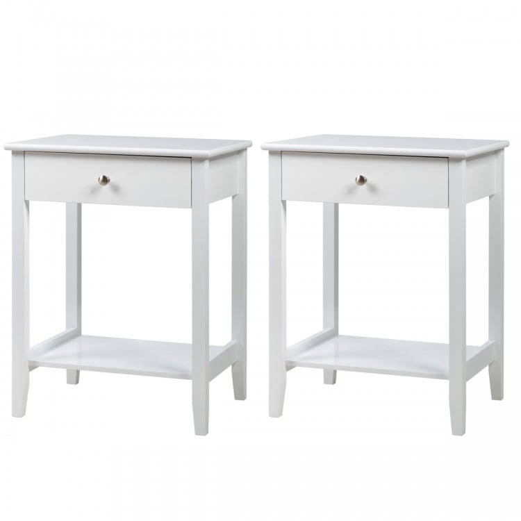 White bedside table with a smooth finish and sturdy pine wood legs, ideal for adding functionality and style to any.