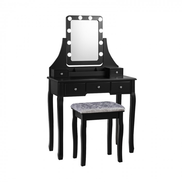 Black vanity dressing table set with 10 dimmable bulbs, cushioned stool, and 5 storage drawers for cosmetics.