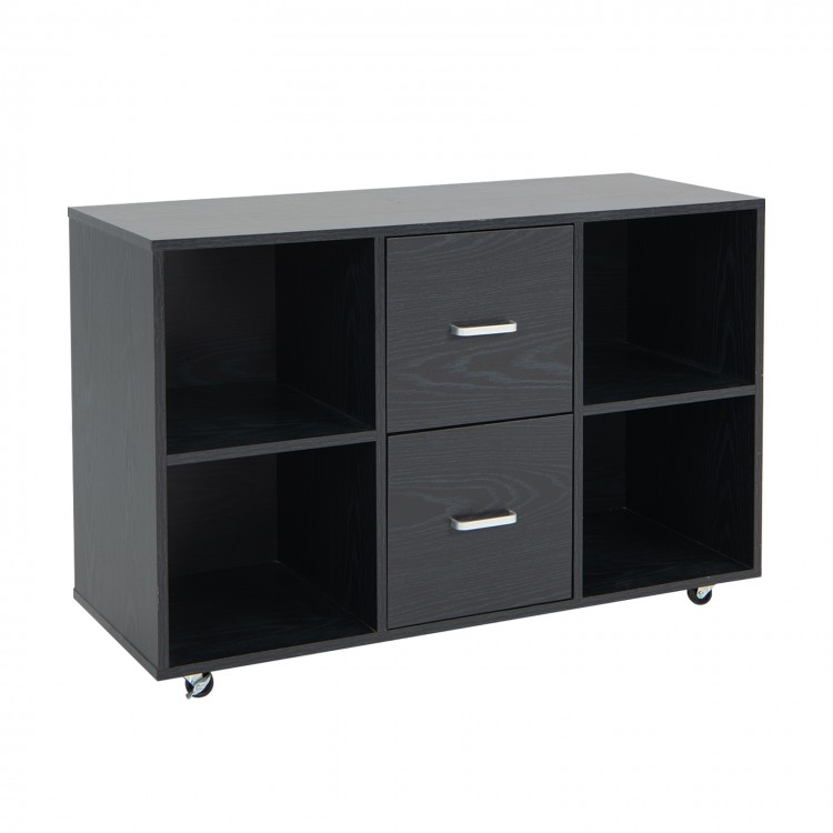 Mobile file cabinet in black with 2 drawers and 4 open compartments, ideal for office organization and easy movement.