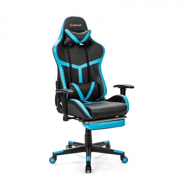Reclining gaming chair in blue featuring a built-in headrest and adjustable armrests for personalized comfort during.