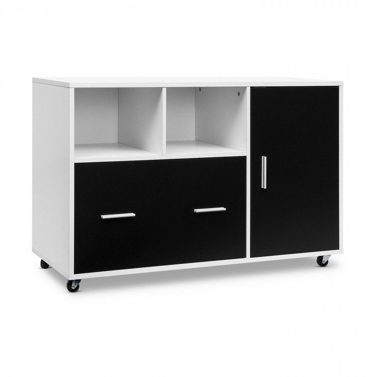 Lateral mobile file storage cabinet in black and white with open spaces, file drawer, and cupboard on wheels for.