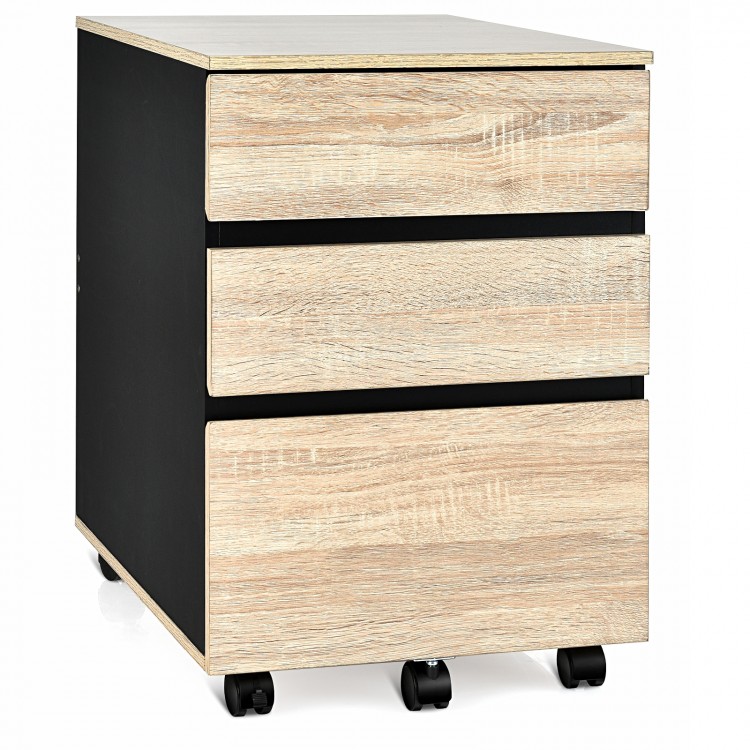 3-drawer mobile file cabinet in engineered wood with wheels, ideal for office or home storage solutions.